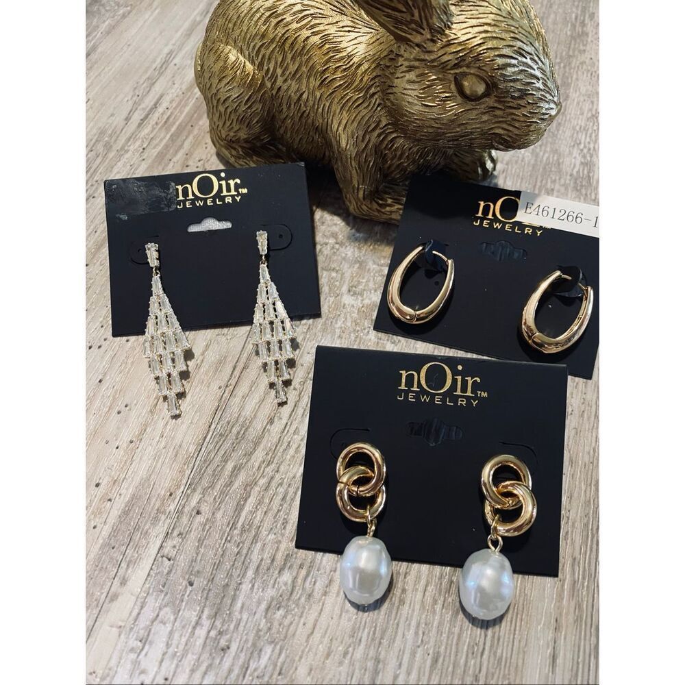 Noir Gold Pearl Rhinestone Earrings Set of 3